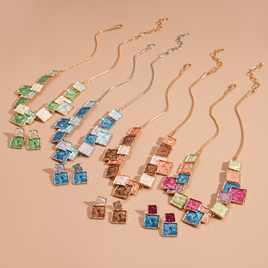 European And American Style Geometric Square Earring And Necklace Set For Women