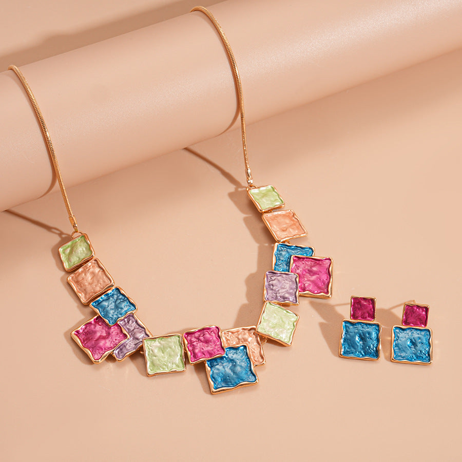 European And American Style Geometric Square Earring And Necklace Set For Women