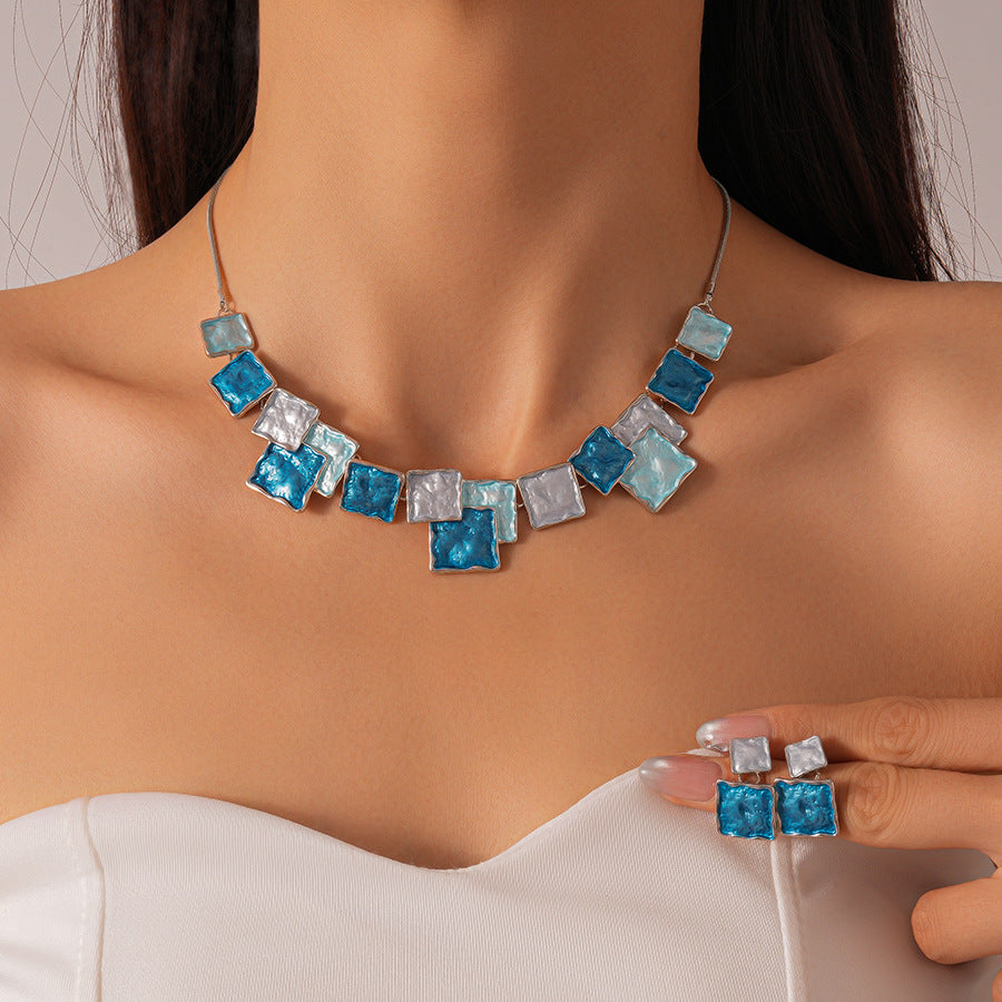 European And American Style Geometric Square Earring And Necklace Set For Women