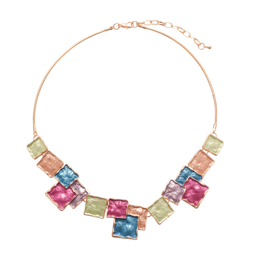 European And American Style Geometric Square Earring And Necklace Set For Women