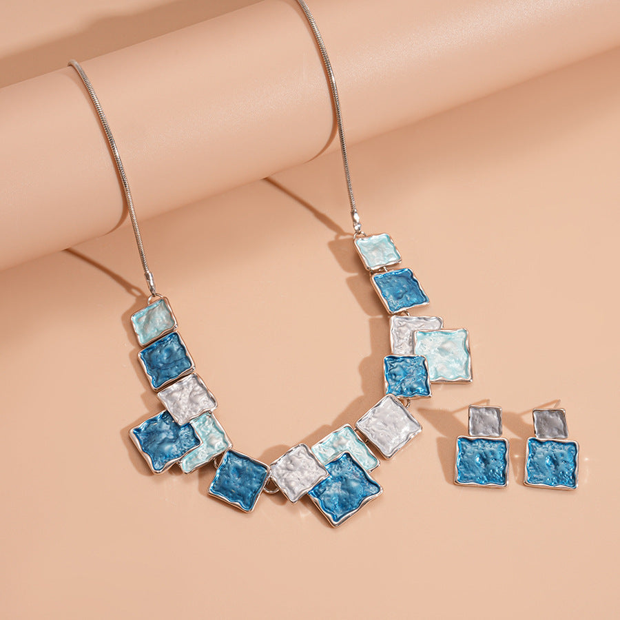 European And American Style Geometric Square Earring And Necklace Set For Women