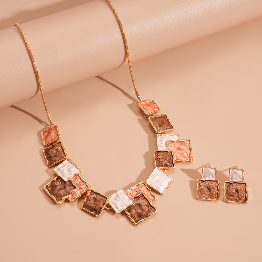 European And American Style Geometric Square Earring And Necklace Set For Women