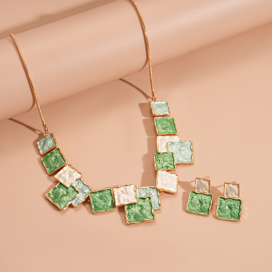 European And American Style Geometric Square Earring And Necklace Set For Women